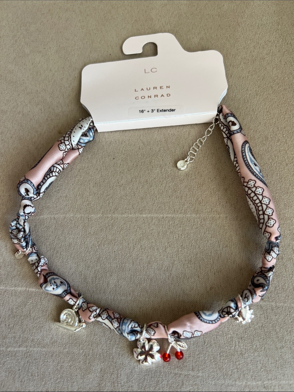 NWT LC Lauren Conrad Pink Paisley Cord & Charms Necklace with Silver Accents
